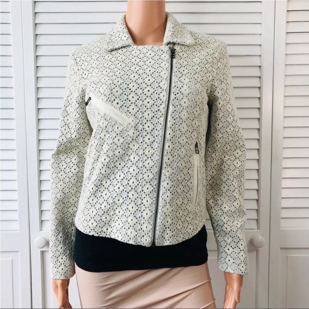 Anthropologie Dolan Rossi Eyelet Moto Jacket Cropped Cream Blue Zip Womens SZ XS - Picture 3 of 9
